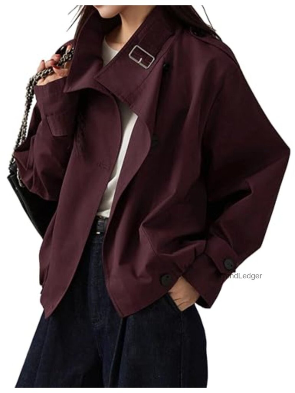 Womens Vintage Trench Coat Funnel Neck Cropped Jacket Cotton Blend